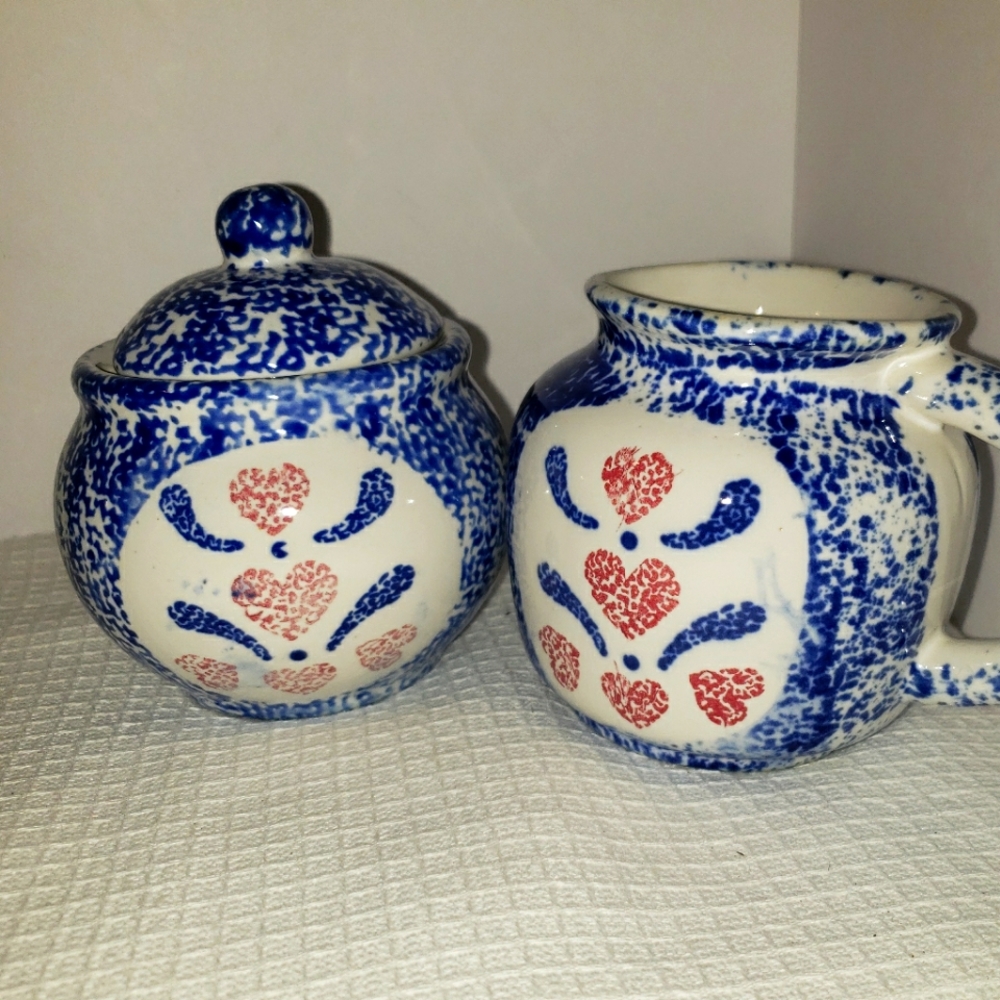 Blue and White Speckled  Spongeware, Heart Country Sugar Bowl and Creamer
